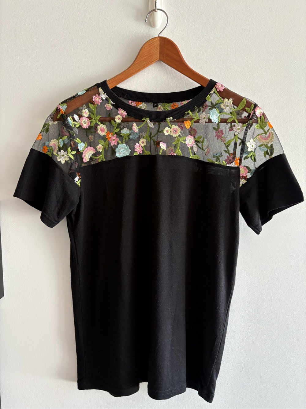 Black Tee with Floral Embroidered Yoke